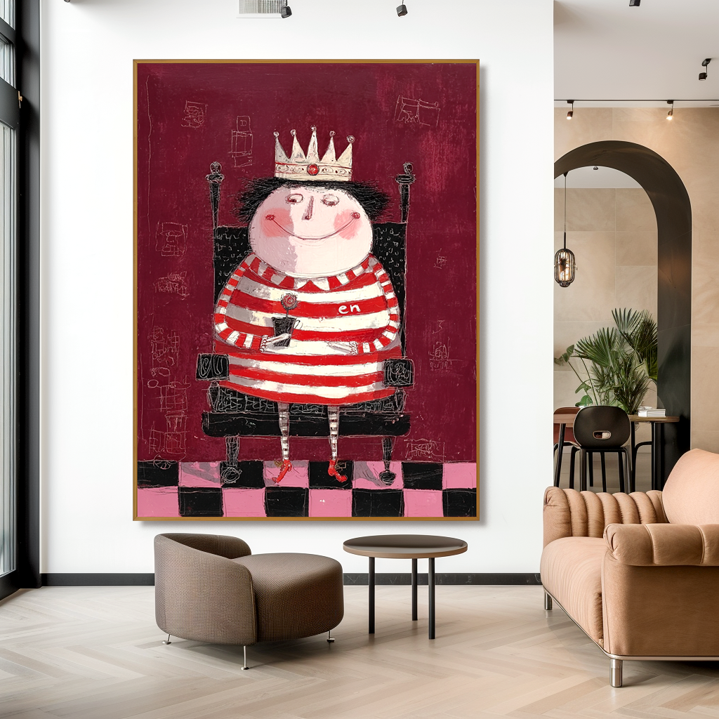 Whimsical queen in striped red and white outfit with a crown, holding a flower.