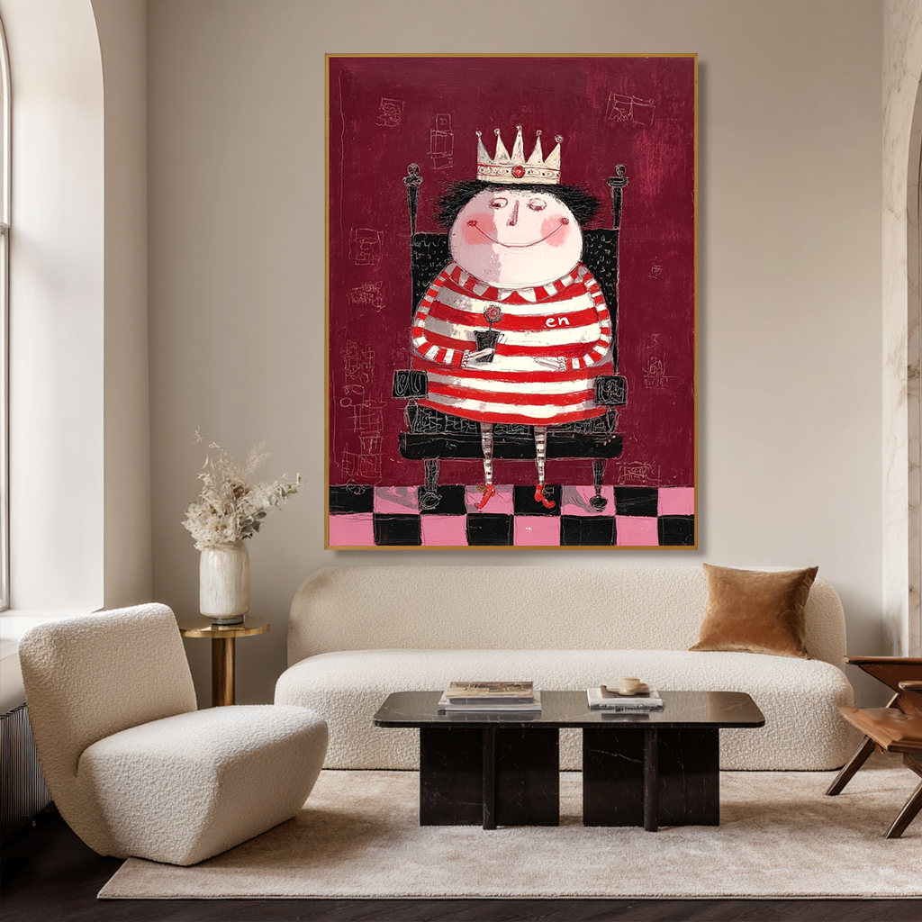 Whimsical queen in striped red and white outfit with a crown, holding a flower.