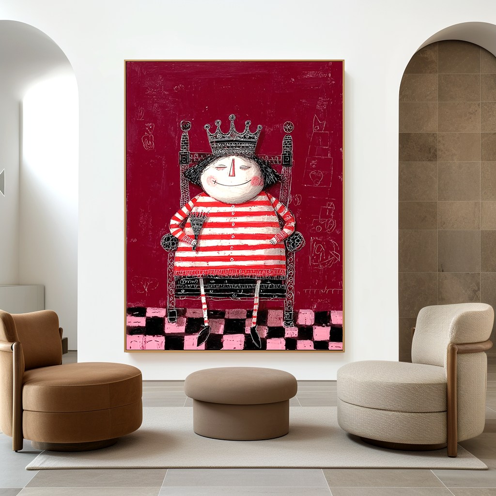 Whimsical queen in a striped red and white outfit with a crown, holding an umbrella.