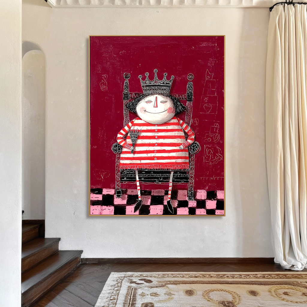 Whimsical queen in a striped red and white outfit with a crown, holding an umbrella.