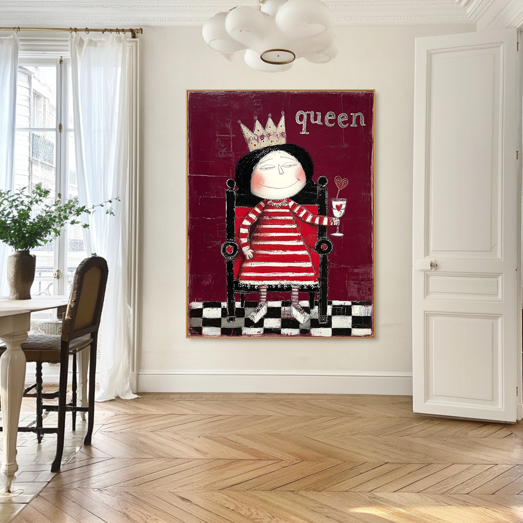Whimsical queen in a striped dress with a crown, holding a heart-shaped lollipop.