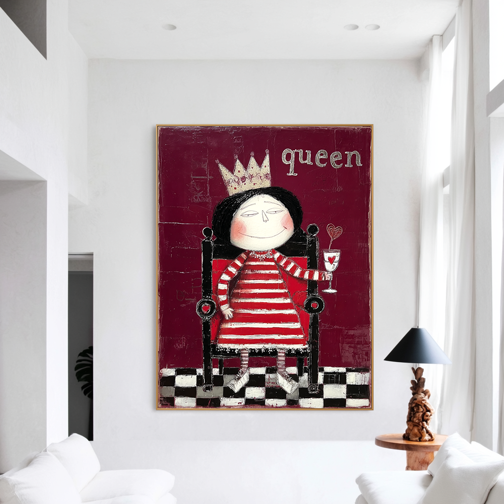 Whimsical queen in a striped dress with a crown, holding a heart-shaped lollipop.