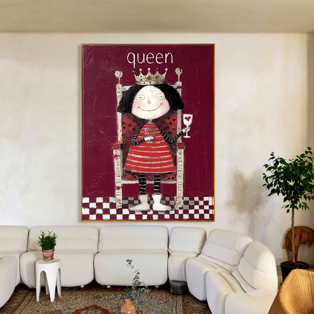 Whimsical queen in a striped dress with a crown, holding a heart-shaped glass.