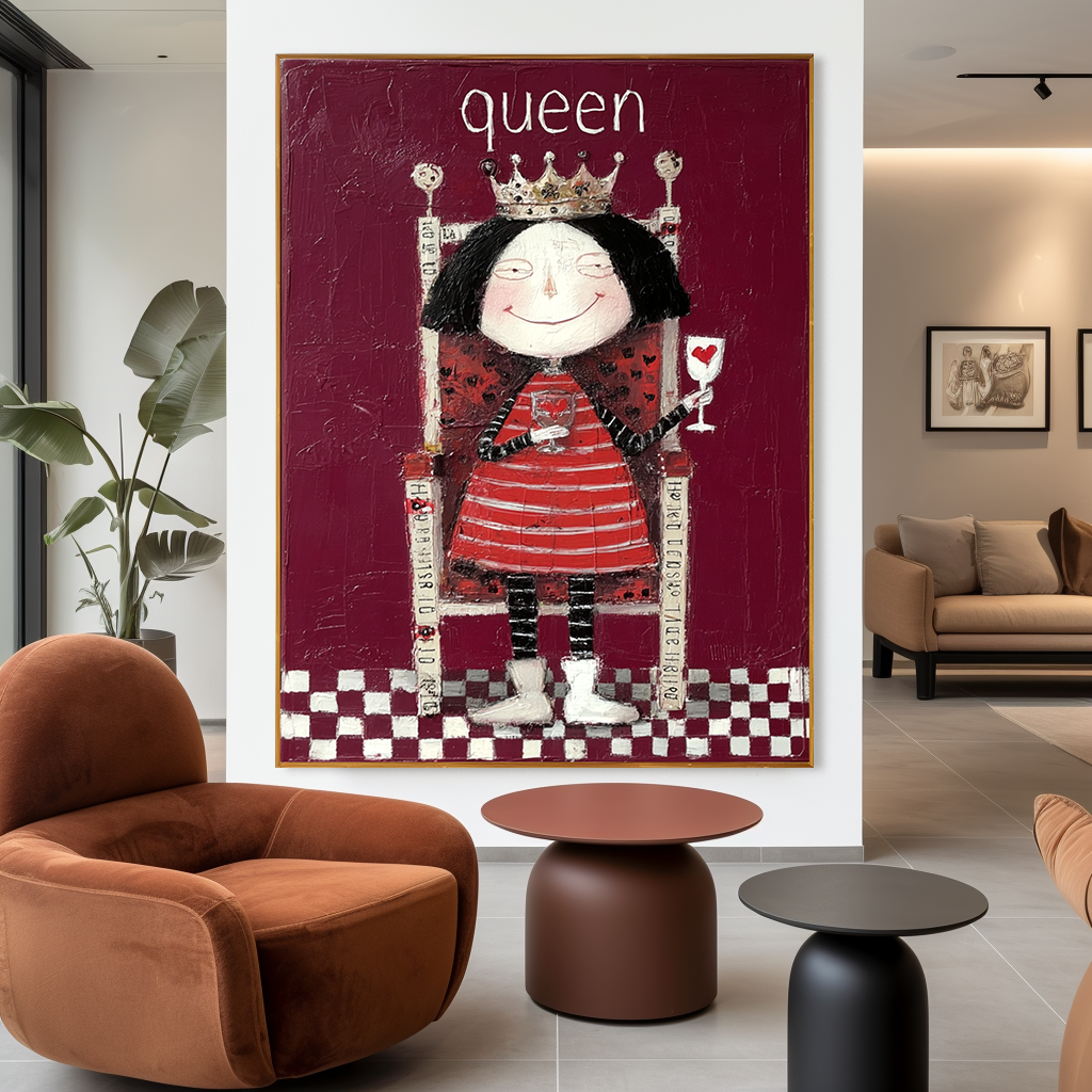 Whimsical queen in a striped dress with a crown, holding a heart-shaped glass.