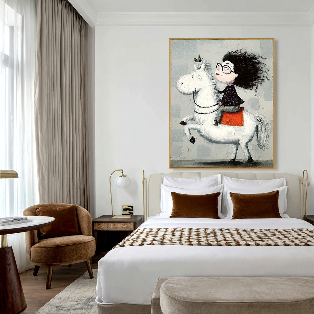 Whimsical girl with a crown riding a white horse with wild hair, smiling.