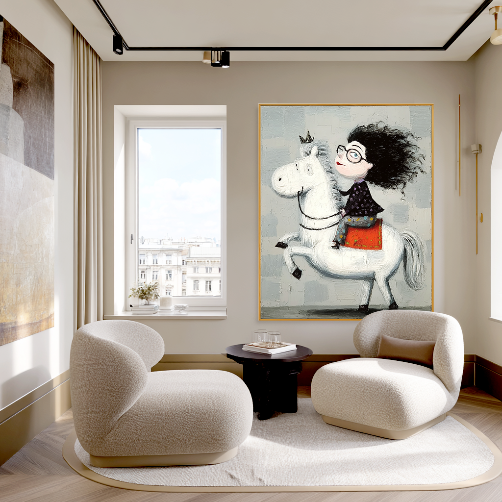 Whimsical girl with a crown riding a white horse with wild hair, smiling.