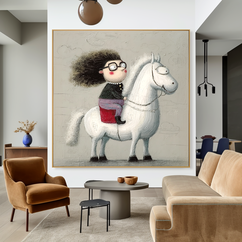 Adventurous girl with glasses riding a white horse, smiling with curly hair.