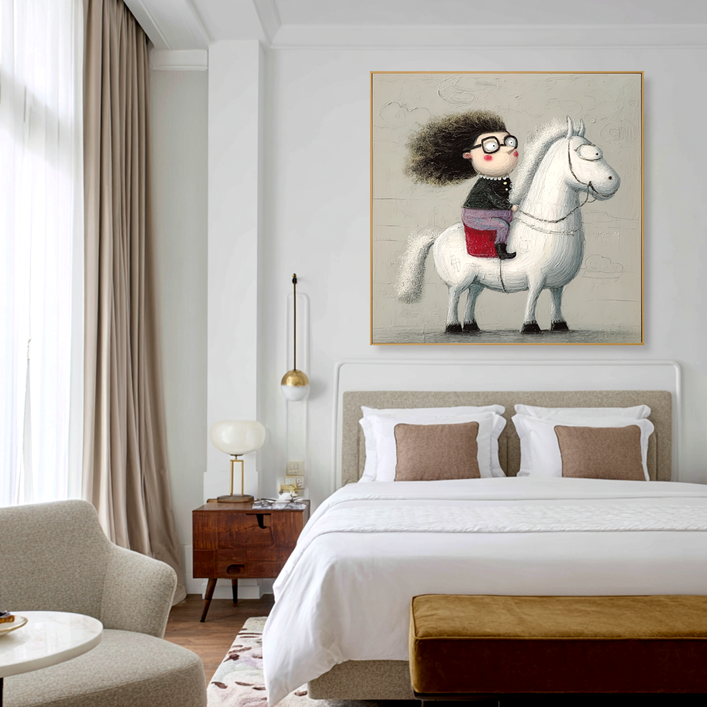 Adventurous girl with glasses riding a white horse, smiling with curly hair.