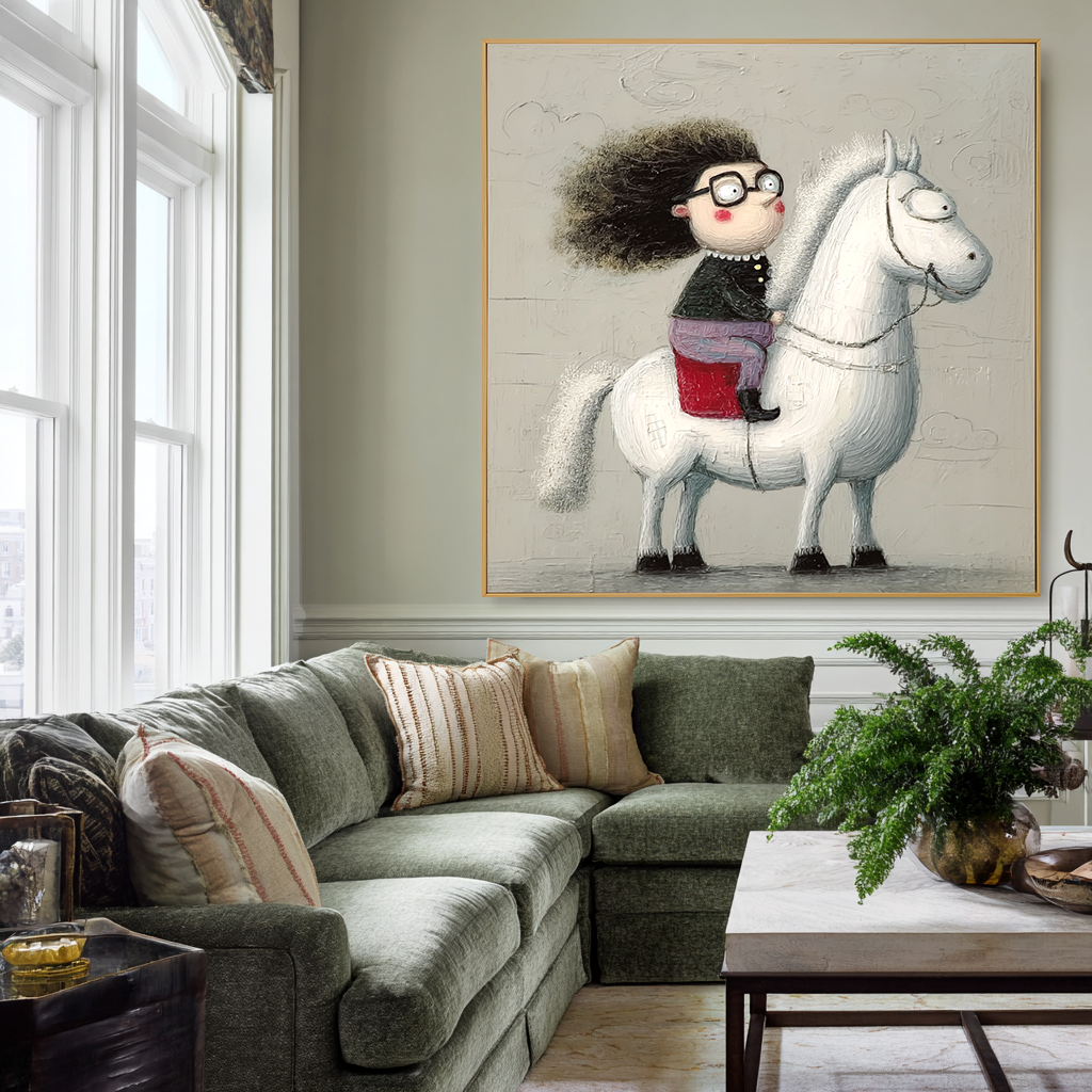 Adventurous girl with glasses riding a white horse, smiling with curly hair.