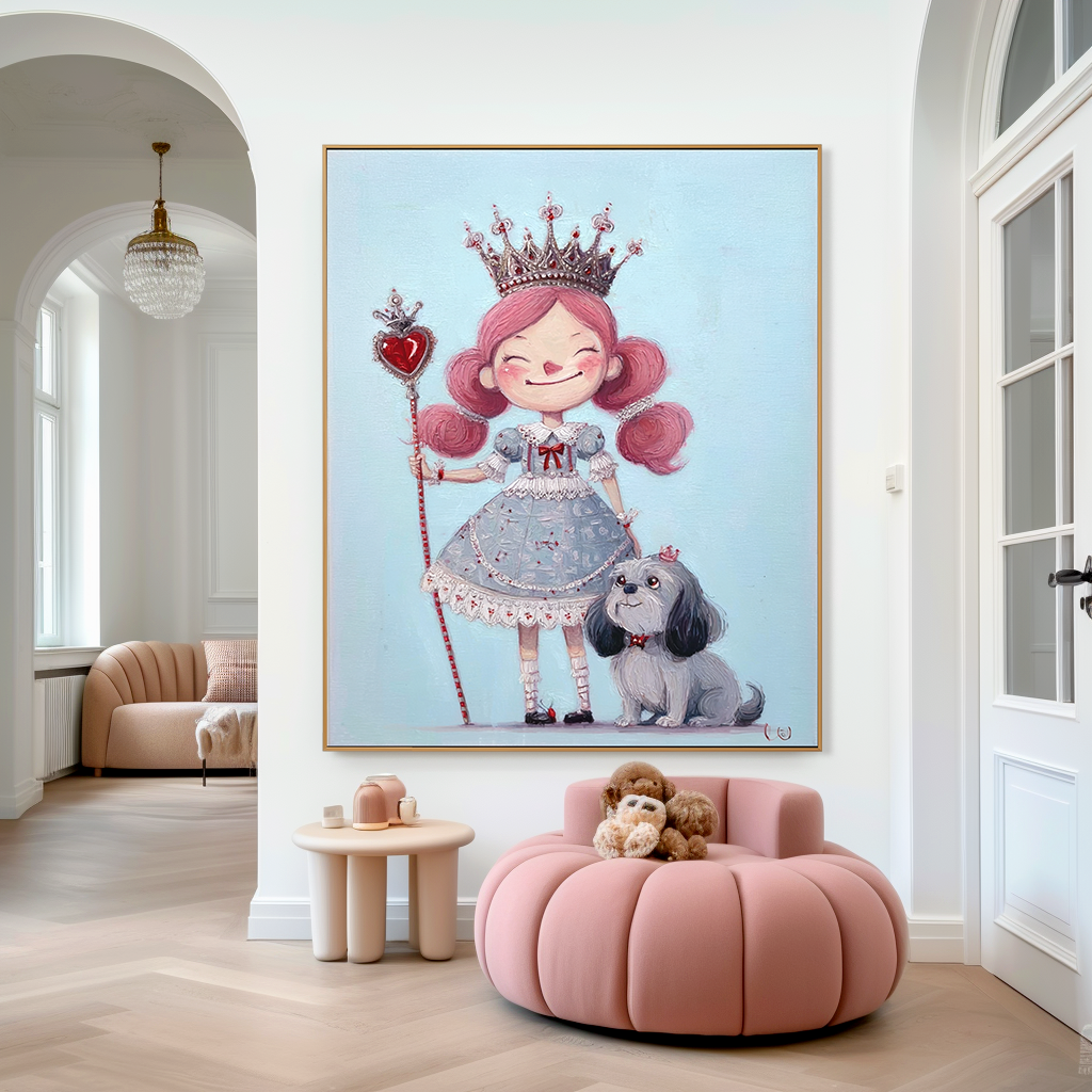 Playful princess with pink hair, crown, and heart-shaped scepter, standing with her dog.