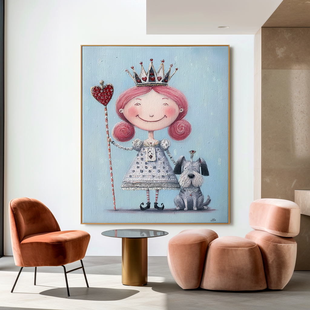 Whimsical young queen with a crown and her dog, holding a heart-shaped scepter.
