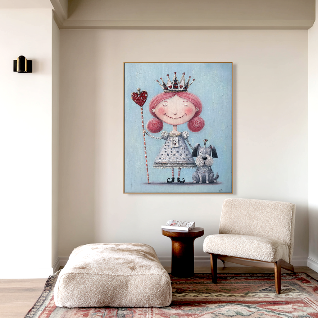 Whimsical young queen with a crown and her dog, holding a heart-shaped scepter.