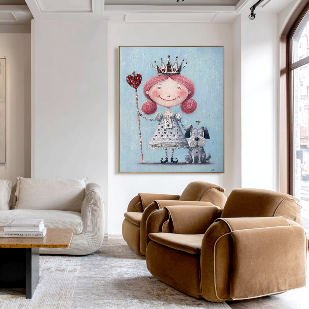 Whimsical young queen with a crown and her dog, holding a heart-shaped scepter.