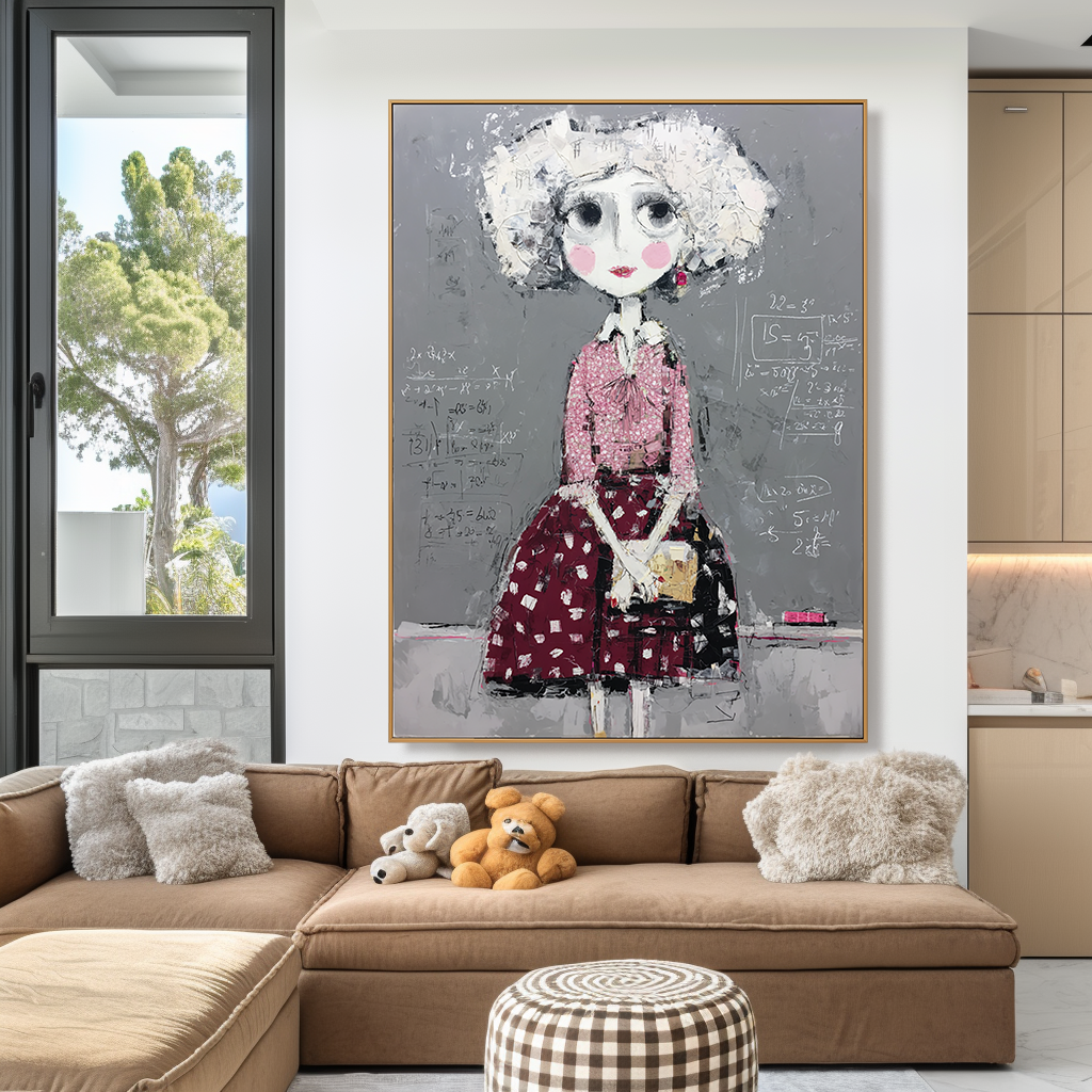 Whimsical girl with mathematical equations in the background, wearing a pink blouse and red skirt.