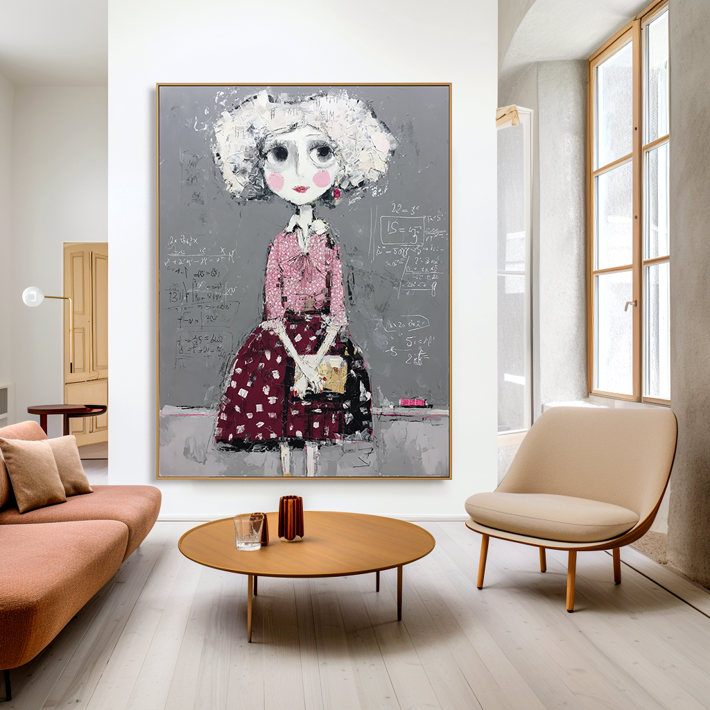 Whimsical girl with mathematical equations in the background, wearing a pink blouse and red skirt.