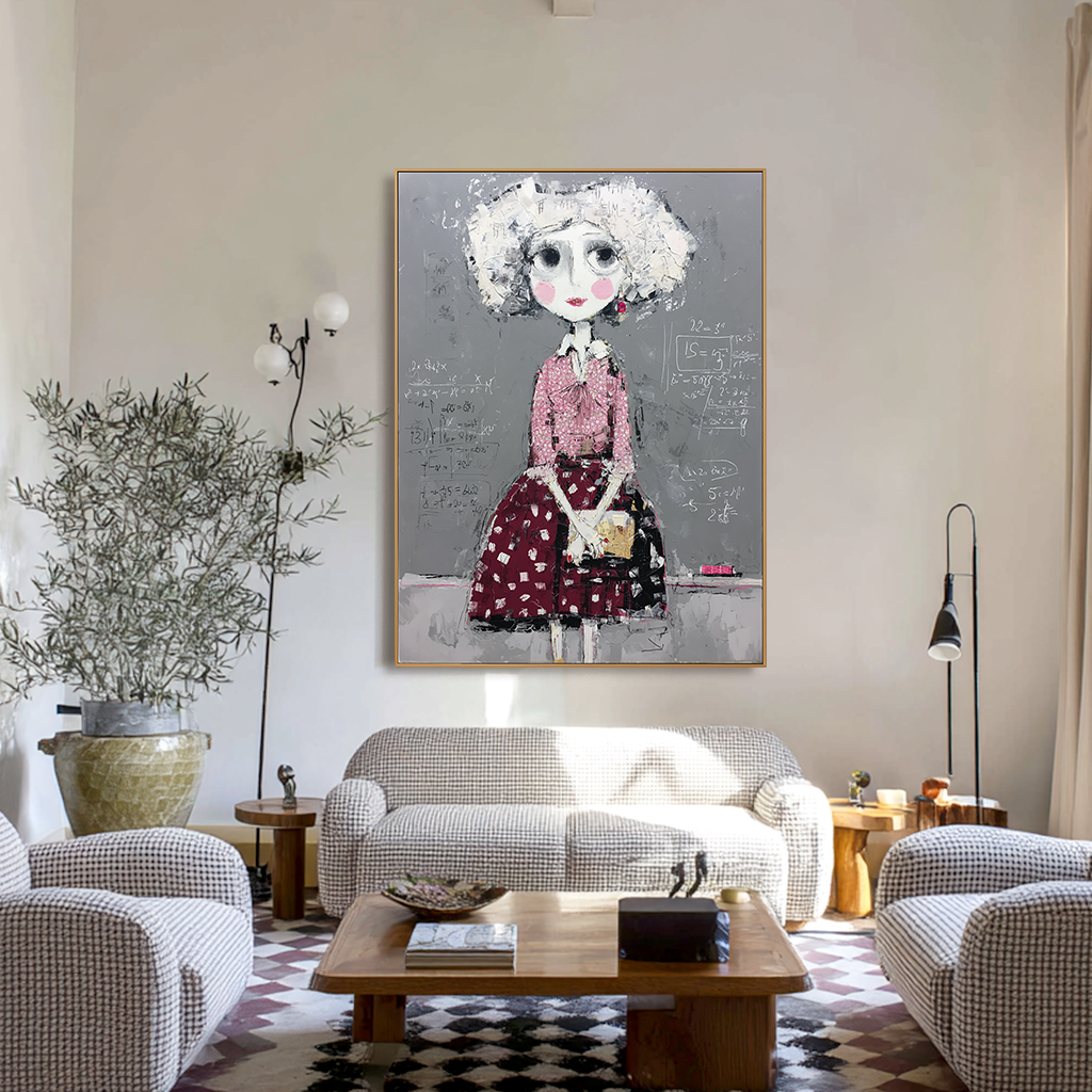 Whimsical girl with mathematical equations in the background, wearing a pink blouse and red skirt.