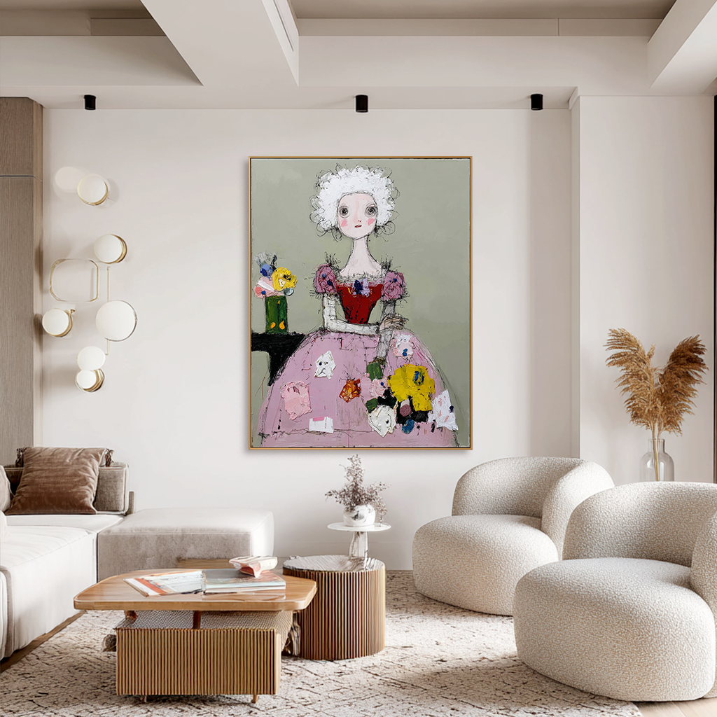 Whimsical queen in a pink gown with colorful flowers, sitting beside a vase.