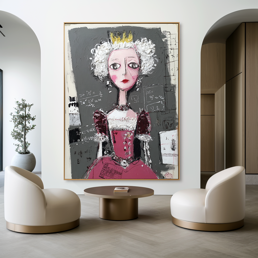 Whimsical queen in a red gown with a golden crown, surrounded by math equations.