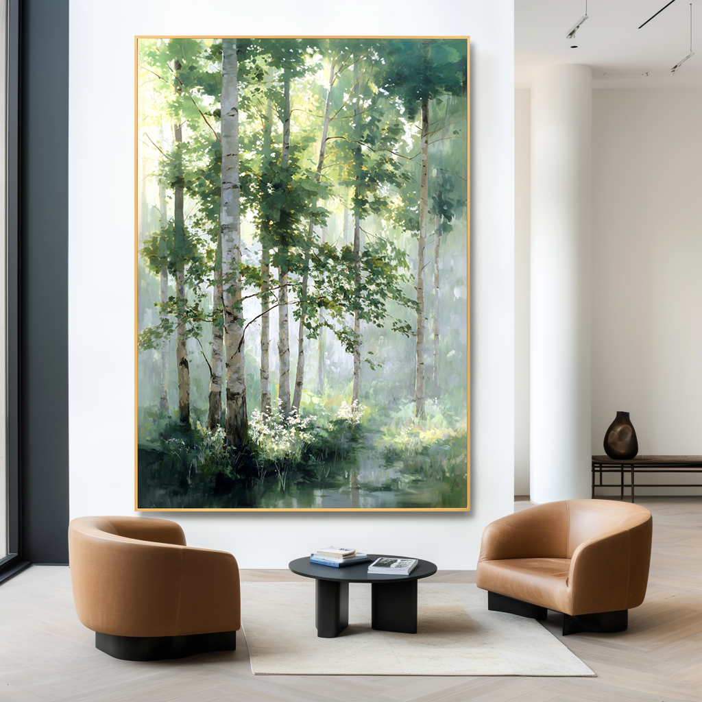 Serene forest path with tall trees, mist, and soft sunlight illuminating the scene.