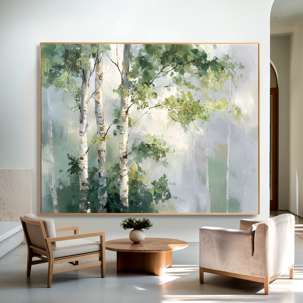 Serene birch trees in a misty forest with soft green and white tones.