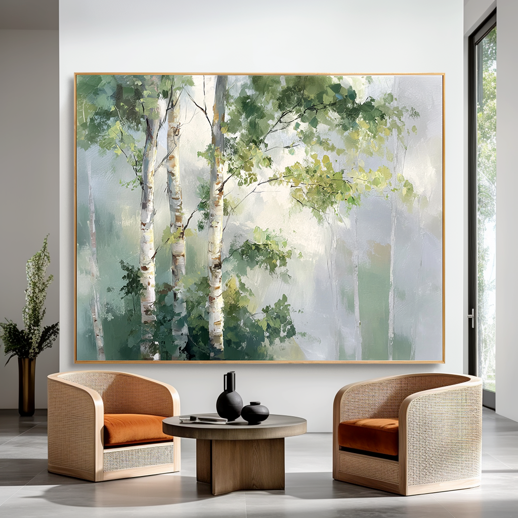 Serene birch trees in a misty forest with soft green and white tones.