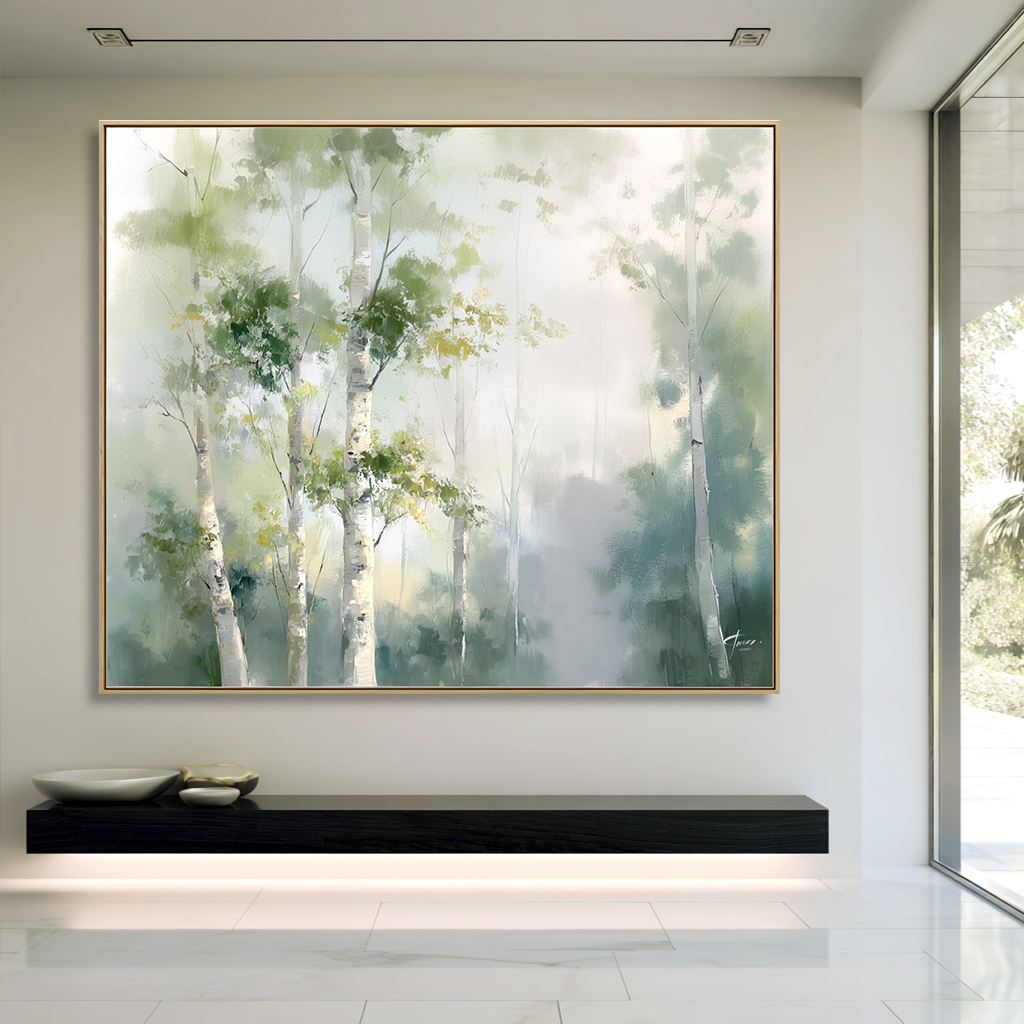Serene birch trees in a misty forest with soft green and blue tones.