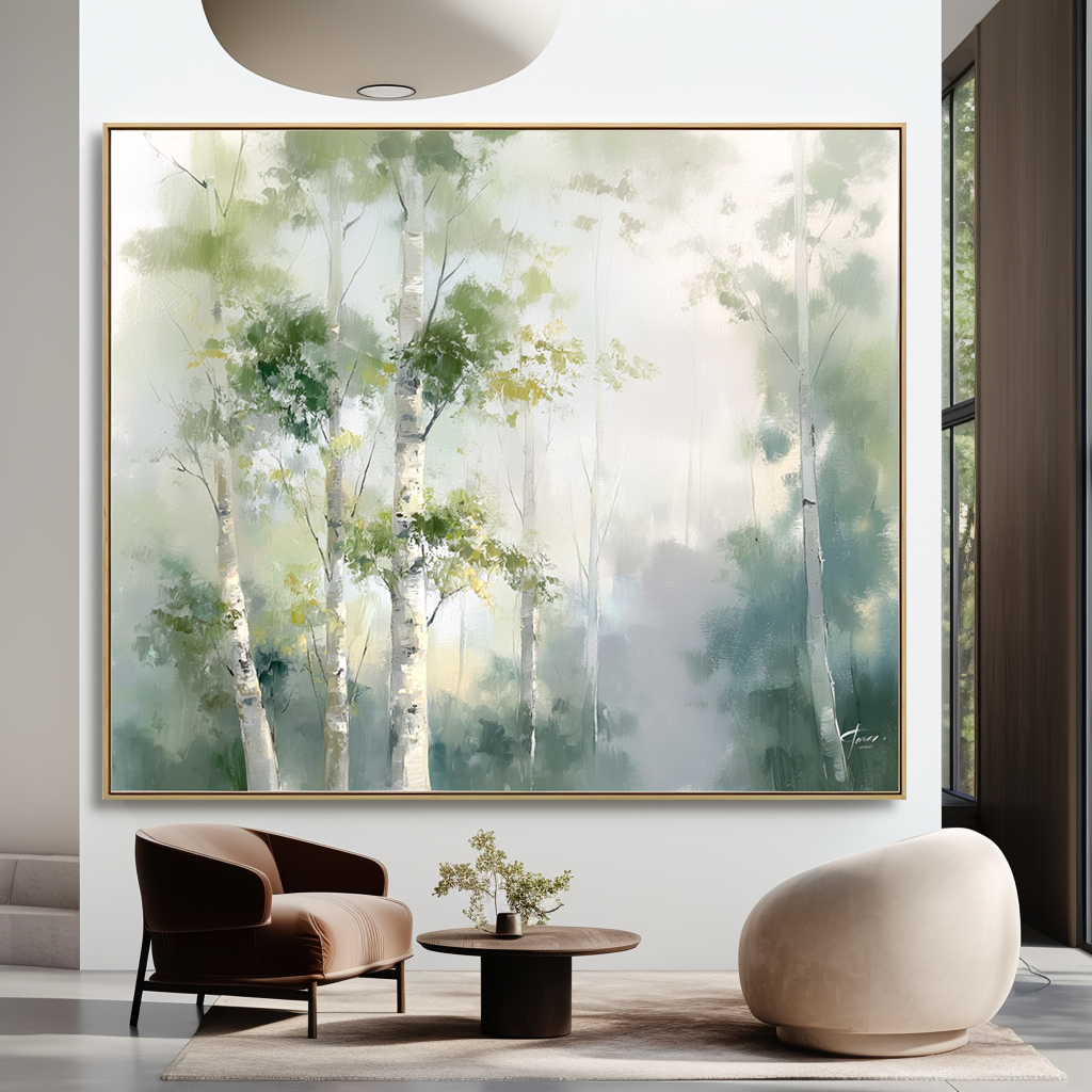 Serene birch trees in a misty forest with soft green and blue tones.