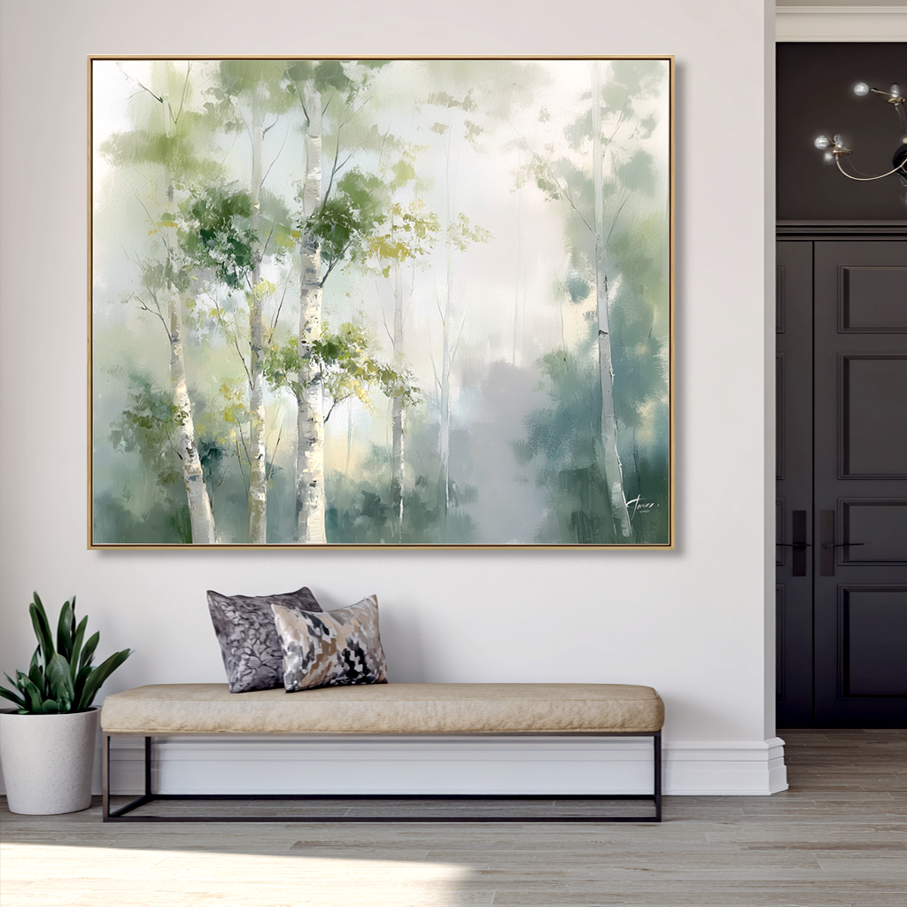 Serene birch trees in a misty forest with soft green and blue tones.
