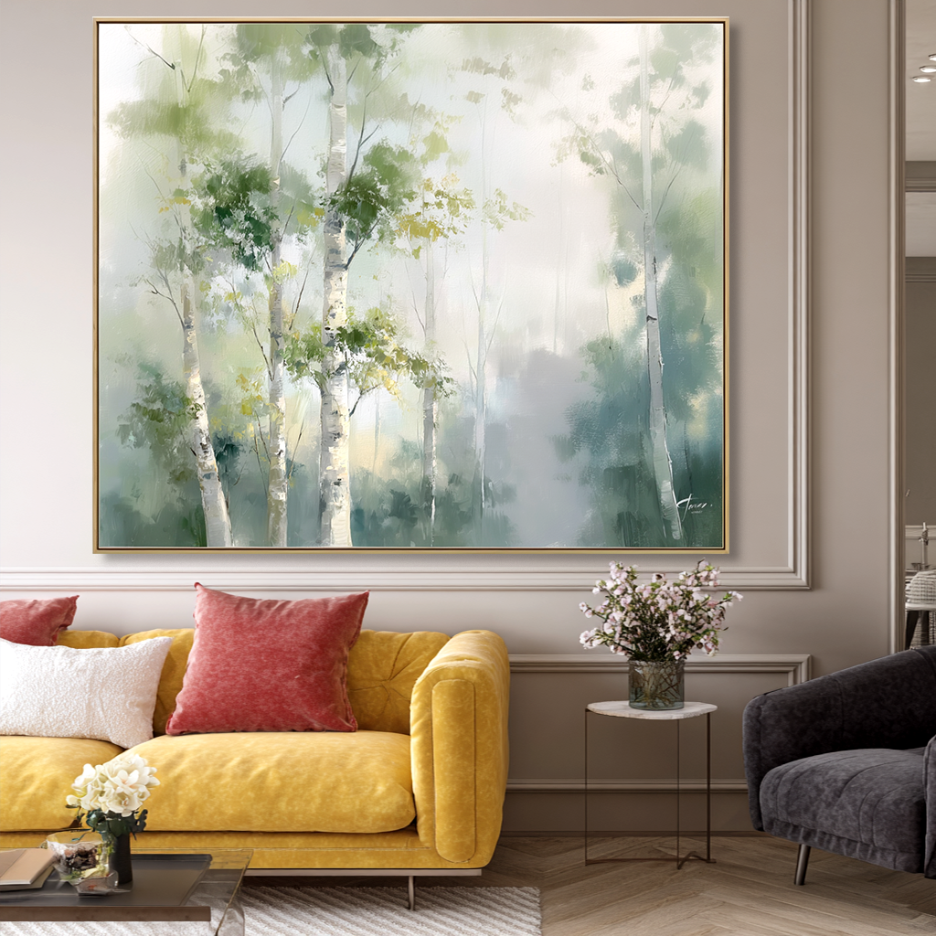 Serene birch trees in a misty forest with soft green and blue tones.