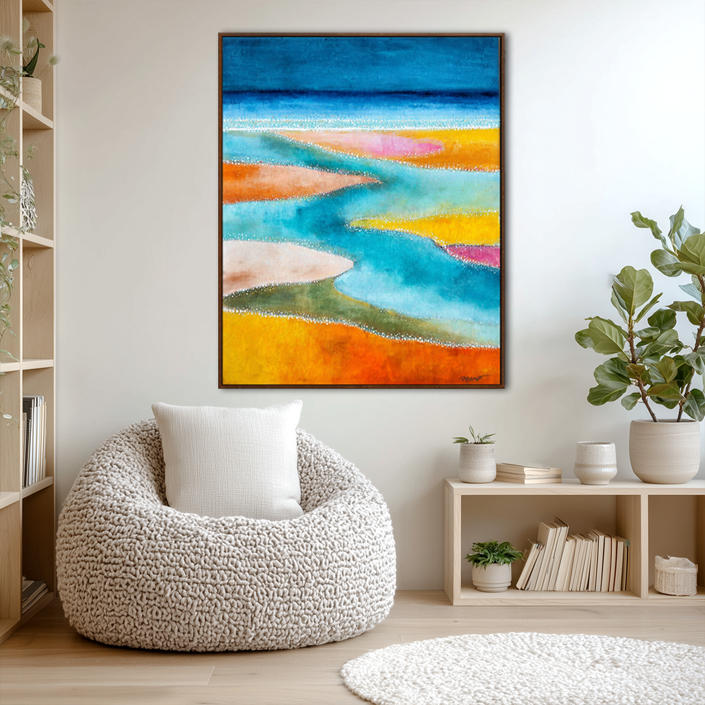 Abstract painting of flowing water and colorful sand in orange, pink, and blue.