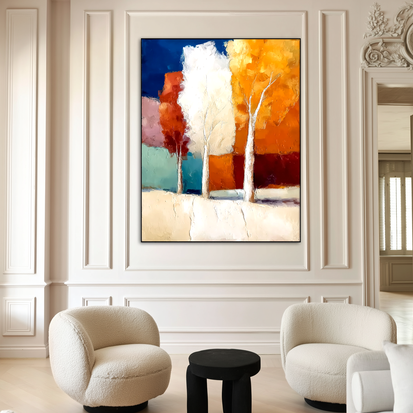 Abstract painting of colorful trees with vibrant autumn colors and textured brushstrokes.