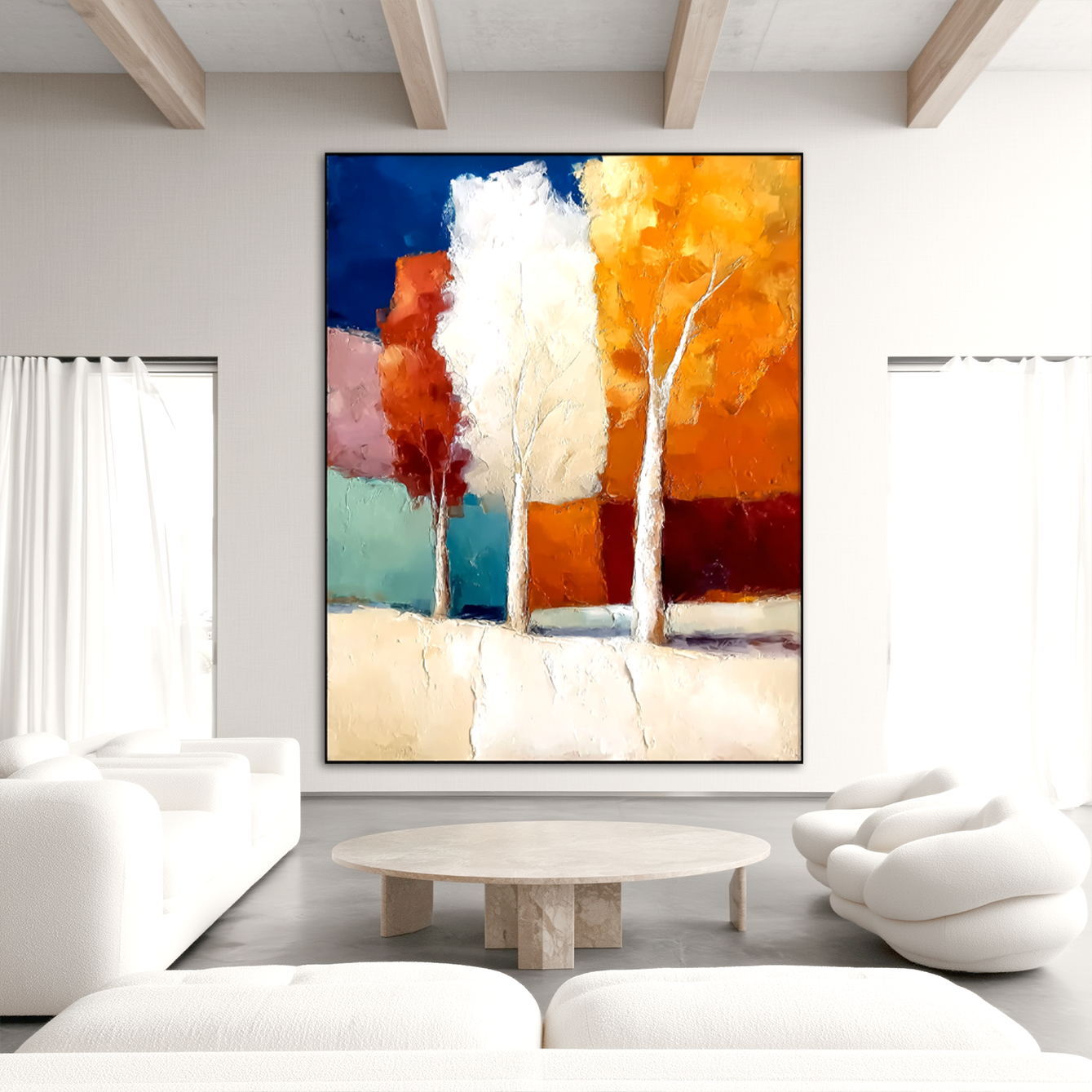 Abstract painting of colorful trees with vibrant autumn colors and textured brushstrokes.