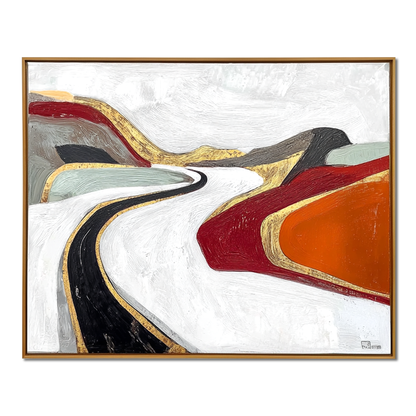 Abstract painting of a winding road with gold accents and vibrant colorful hills.