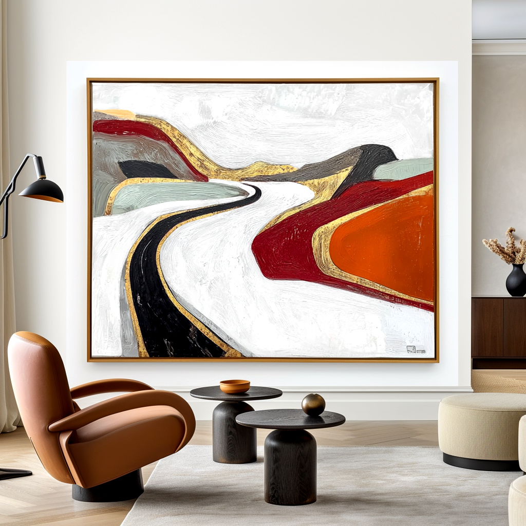 Abstract painting of a winding road with gold accents and vibrant colorful hills.
