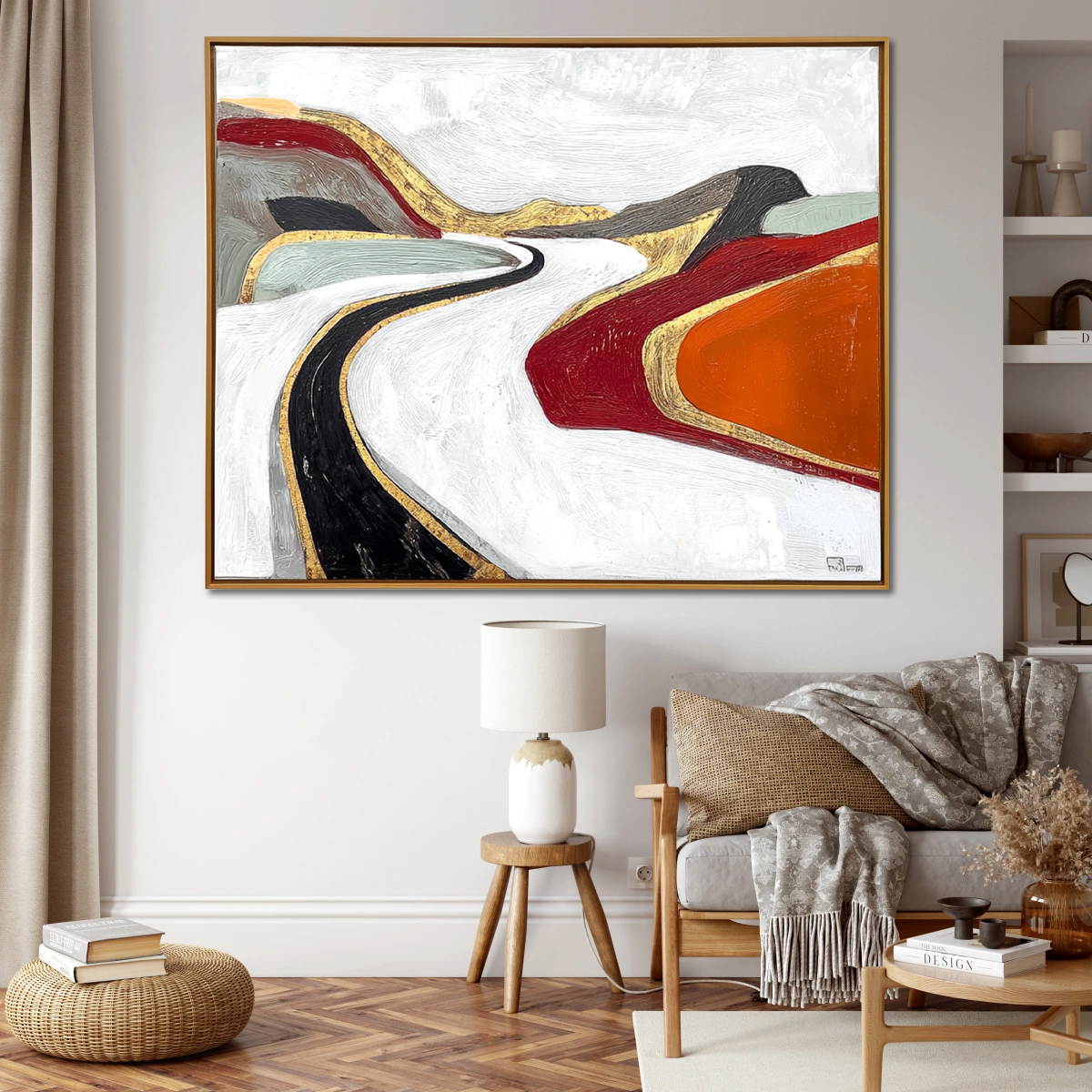Abstract painting of a winding road with gold accents and vibrant colorful hills.