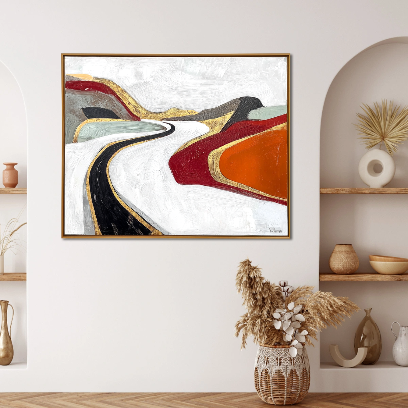 Abstract painting of a winding road with gold accents and vibrant colorful hills.