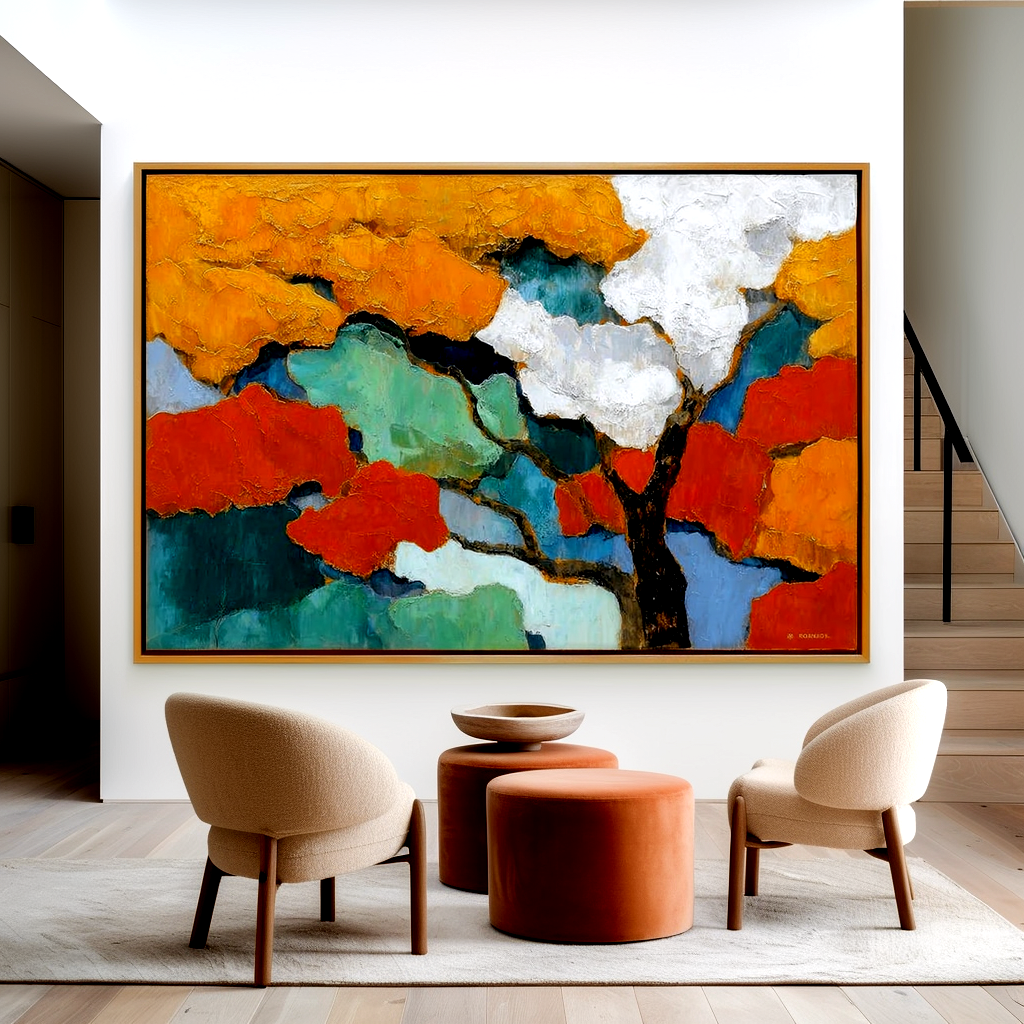 Abstract painting of a tree with vibrant orange, green, and blue colors.