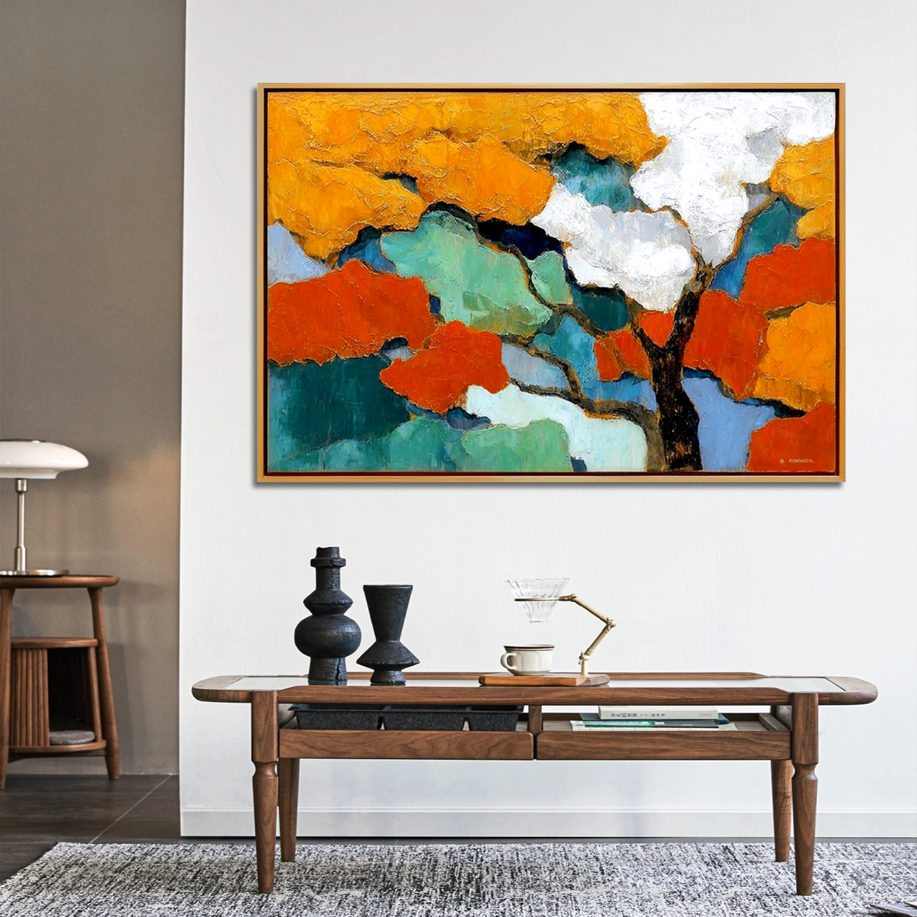 Abstract painting of a tree with vibrant orange, green, and blue colors.