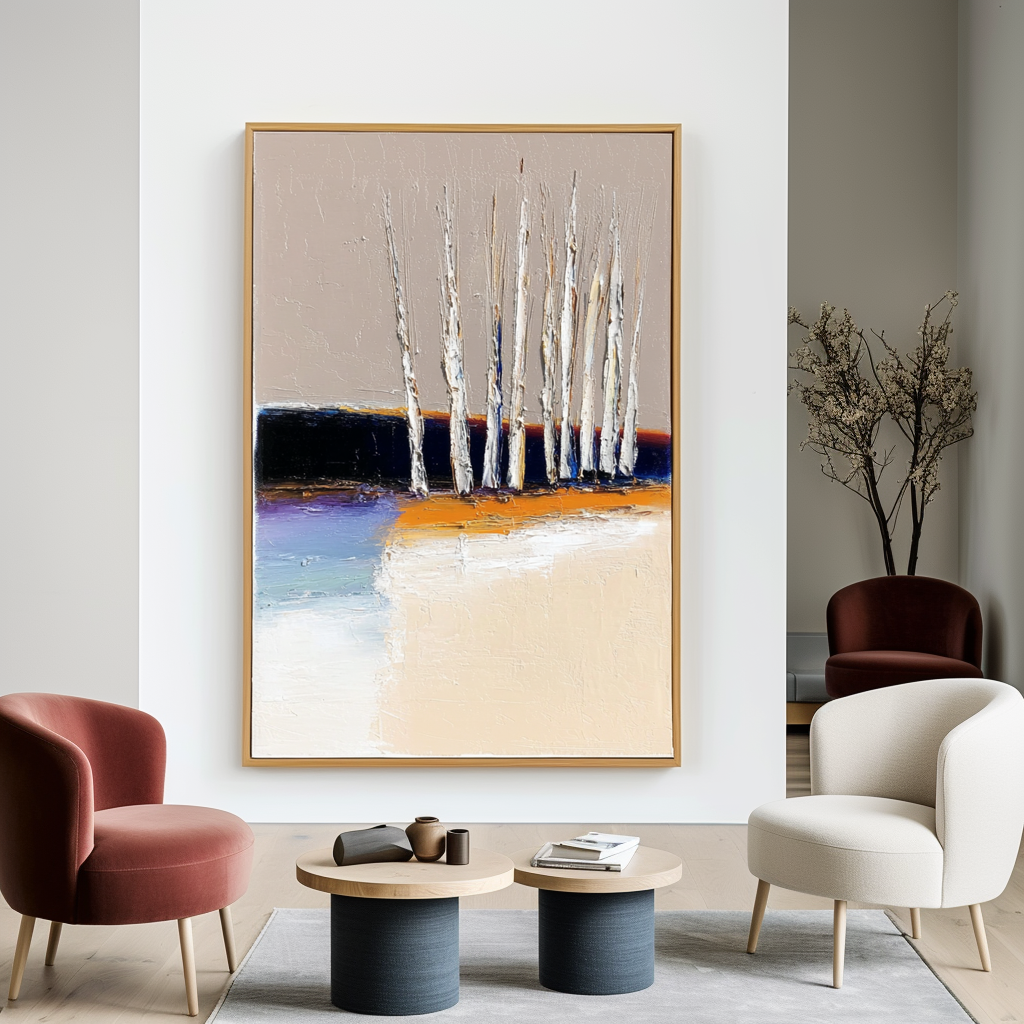 Abstract landscape with white trees and vibrant orange and blue colors.