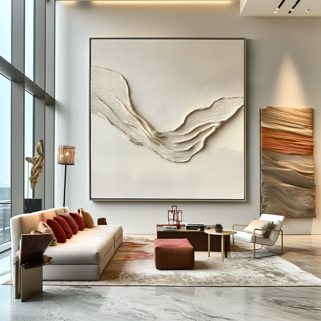 Textured minimalist white abstract art with wave-like patterns.