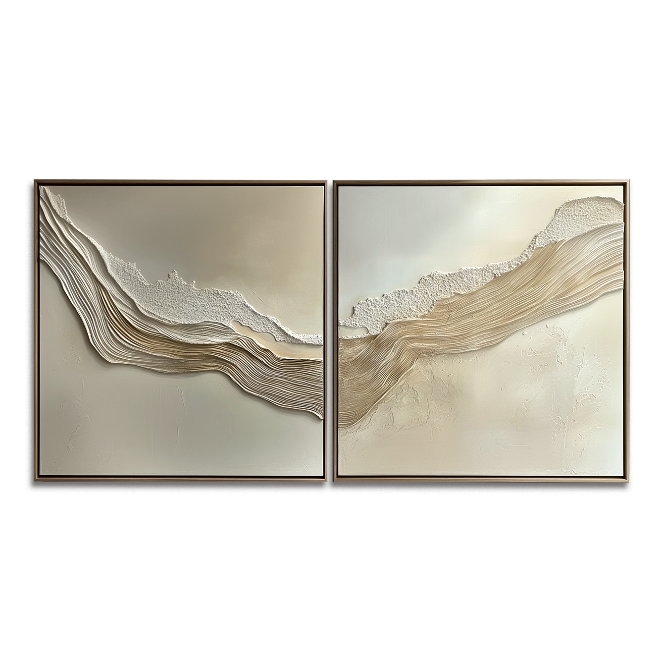 Textured abstract art set with soft beige, gold, and white tones depicting flowing waves.