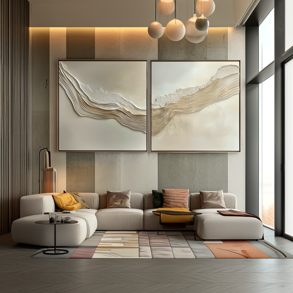 Textured abstract art set with soft beige, gold, and white tones depicting flowing waves.