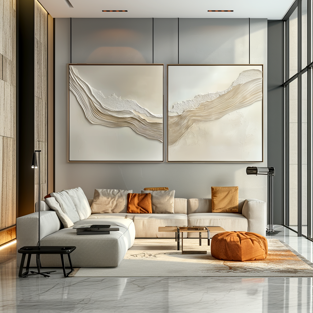 Textured abstract art set with soft beige, gold, and white tones depicting flowing waves.