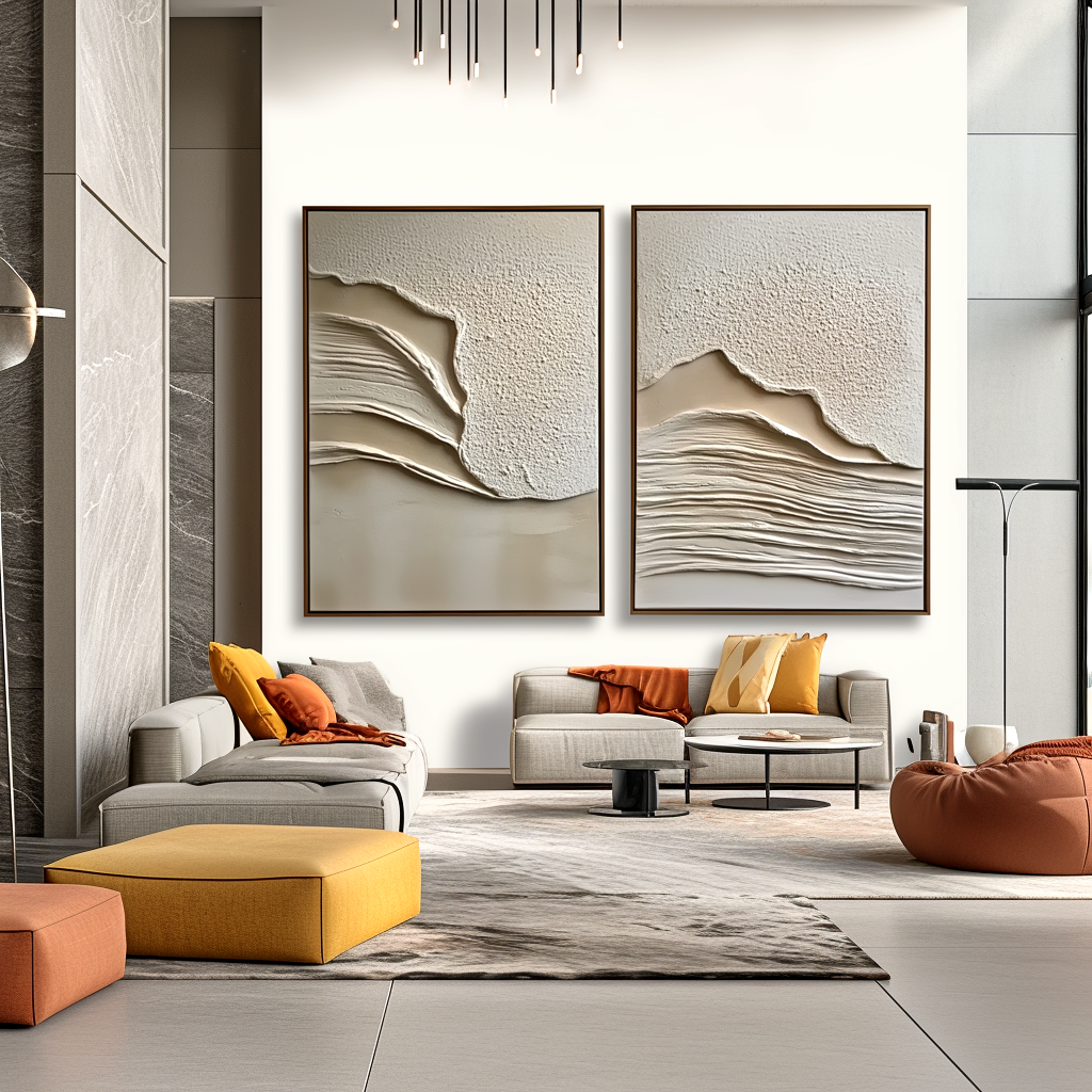 Textured beige and white abstract art set with raised layers creating soft waves.