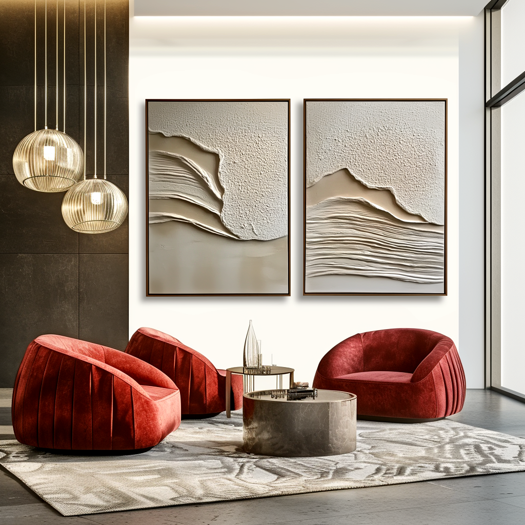 Textured beige and white abstract art set with raised layers creating soft waves.