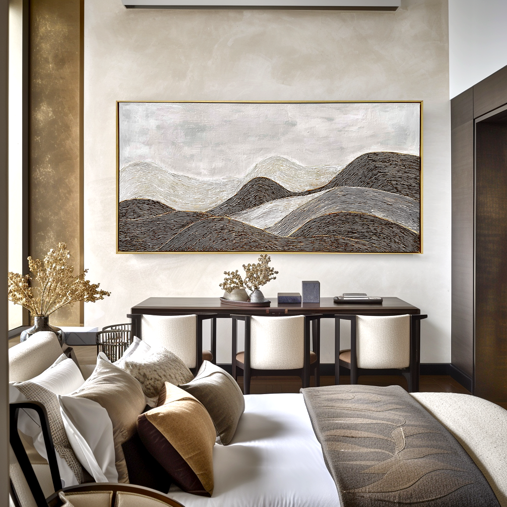 Textured black and white abstract landscape of rolling hills with soft gray tones.