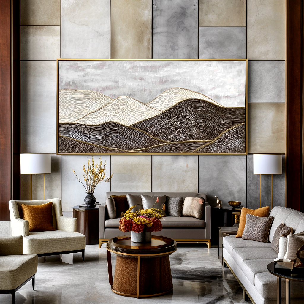 Textured black and white abstract landscape of rolling hills with golden accents.