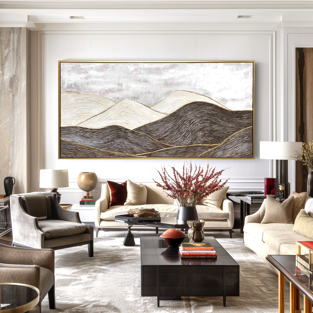 Textured black and white abstract landscape of rolling hills with golden accents.