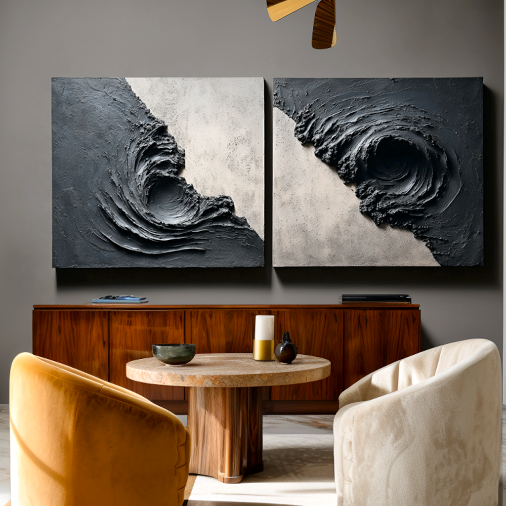 Textured abstract artwork featuring swirling black and gray tones resembling a whirlpool.