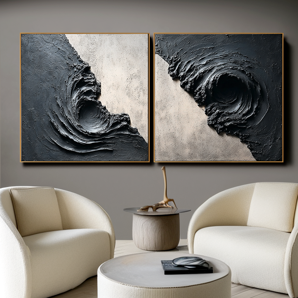 Textured abstract artwork featuring swirling black and gray tones resembling a whirlpool.
